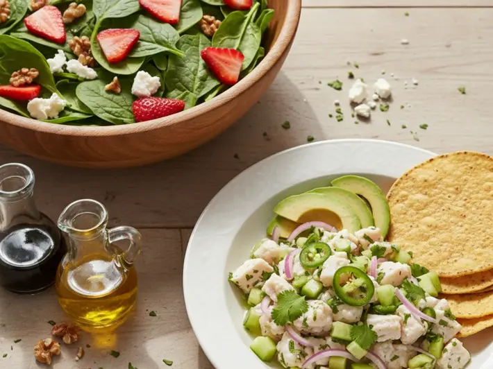 Ensalada de espinacas con fresa y nuez y ceviche de pescado blanco con pepino y aguacate