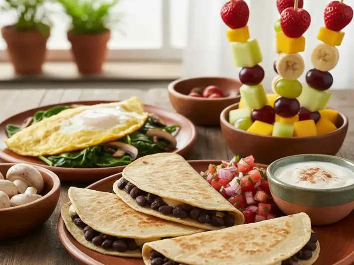 Quesadillas de frijol con panela, brochetas de fruta con yogur y omelette de claras con espinaca y champinones