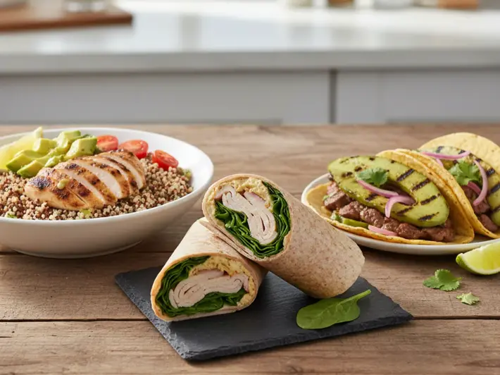 Bowl de quinoa con pollo, wrap de pavo con hummus y tacos de carne magra con nopales asados para deportistas
