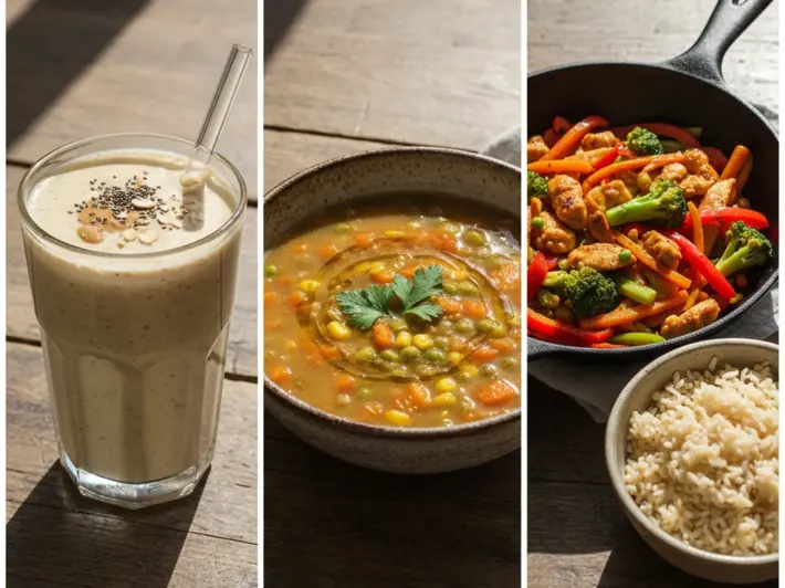 Batido de platano con avena, sopa de lentejas con verduras y wok de pollo con brocoli y zanahoria