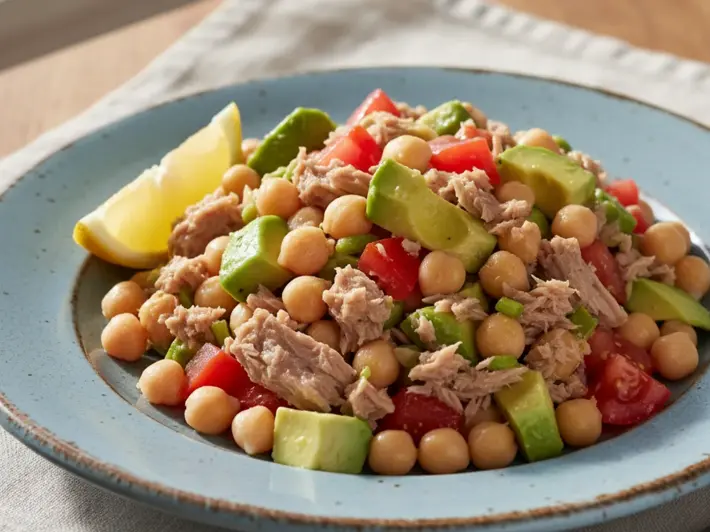 Ensalada de atun con garbanzos, tortilla de claras con pico de gallo y pasta integral con verduras y queso cottage
