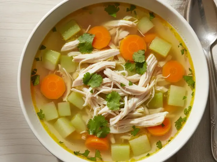 Caldo de pollo deshebrado con verduras, pescado empapelado al vapor y pure de camote con pollo en salsa suave