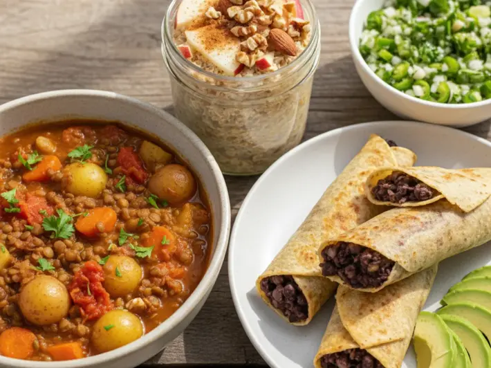 Lentejas guisadas con verduras, avena nocturna con fruta y nueces y tacos dorados de frijol negro con aguacate