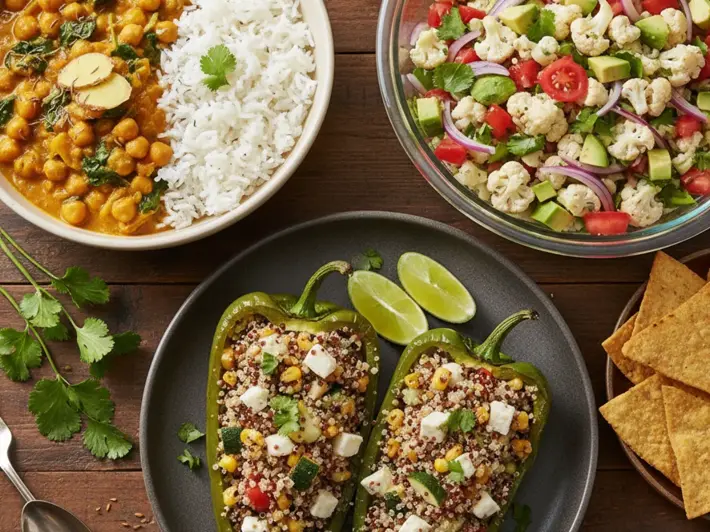 Curry de garbanzos con espinacas, chiles rellenos de quinoa y ceviche vegano de coliflor con aguacate