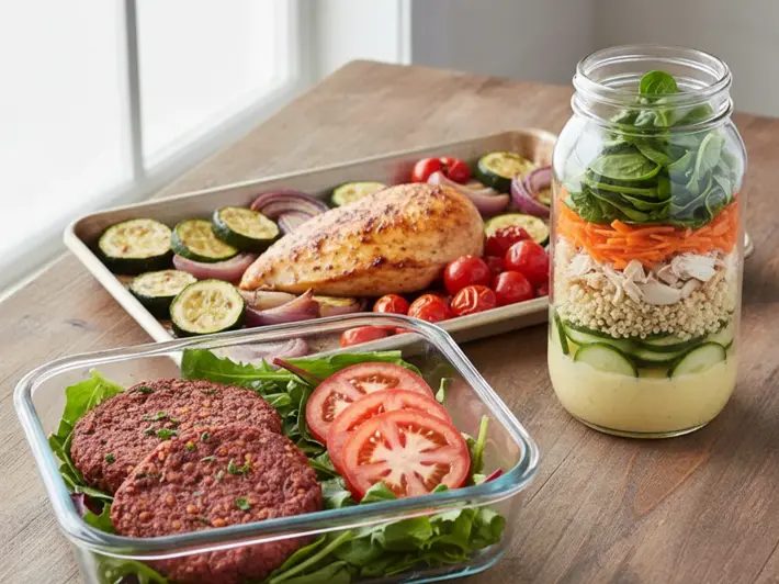 Hamburguesas de lentejas con betabel, pechuga de pollo a la sarten con calabacitas y ensalada en frasco con quinoa