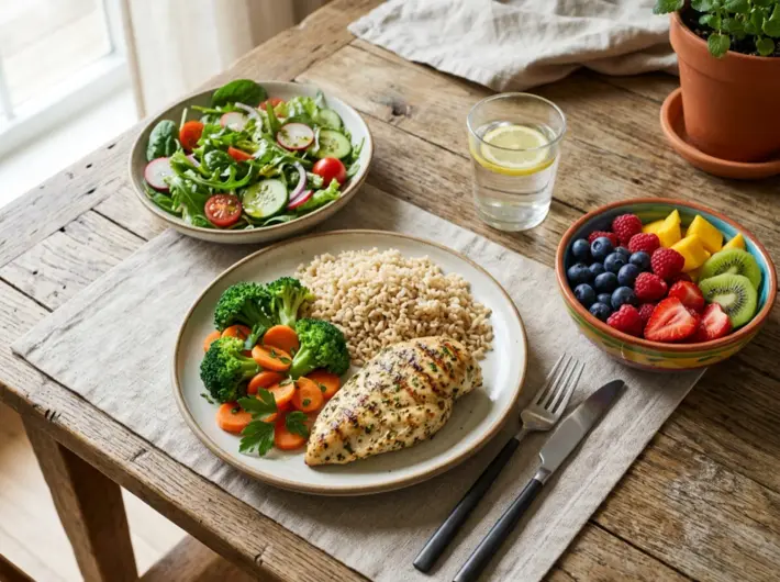 Plato de comida saludable para la familia con pollo a la plancha, arroz integral, brócoli y ensalada fresca