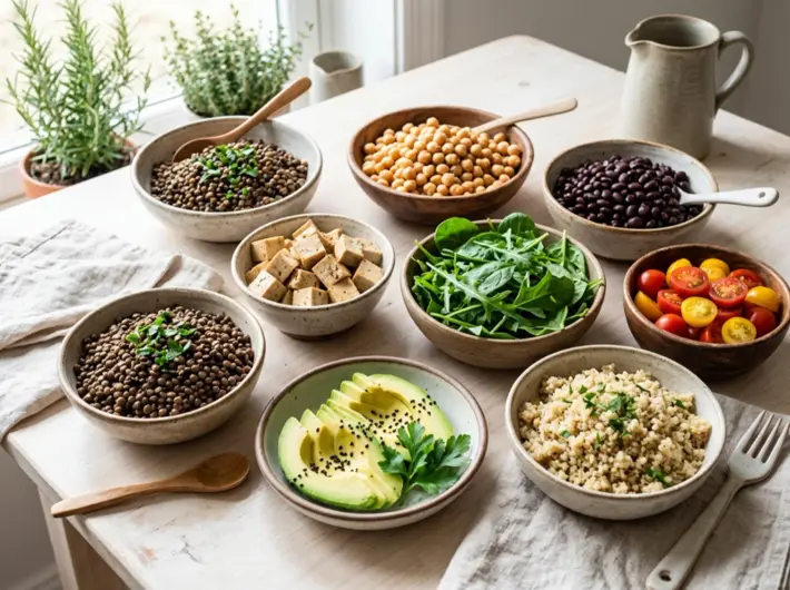 Ingredientes vegetarianos y veganos en tazones: lentejas, garbanzos, frijoles negros, tofu, espinacas y quinoa