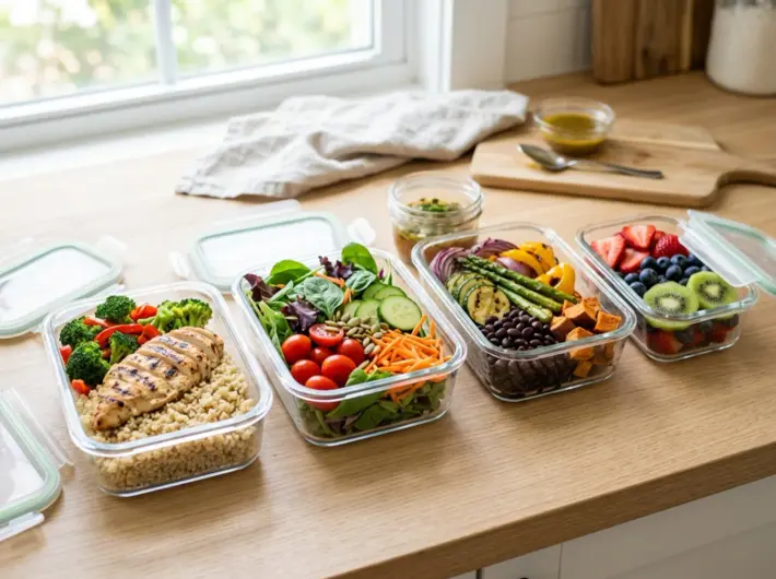Contenedores de meal prep con quinoa, verduras a la plancha, ensaladas y fruta fresca para bajar de peso