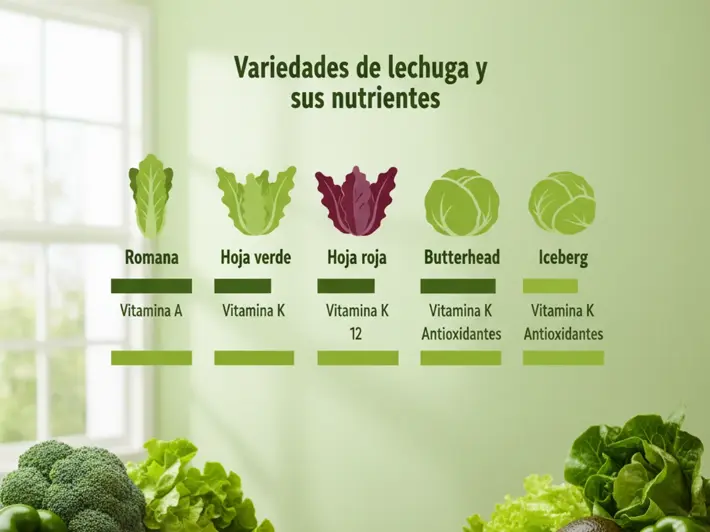 Diagrama comparativo en español de variedades de lechuga y su aporte de vitamina A, vitamina K y antioxidantes