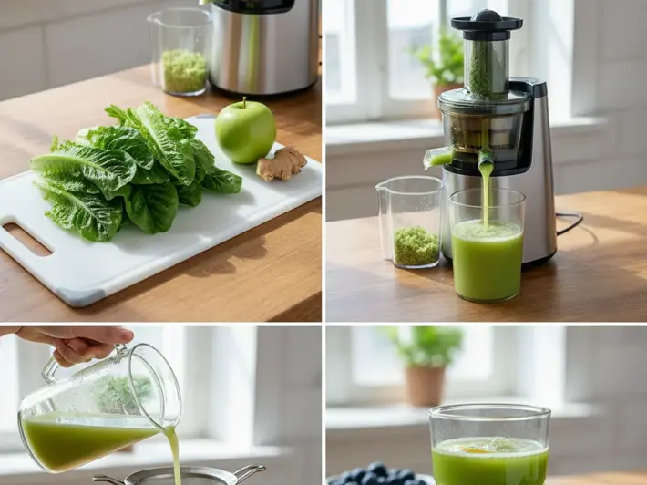 Paso a paso para preparar agua de lechuga con hojas de romana, extractor lento y colador