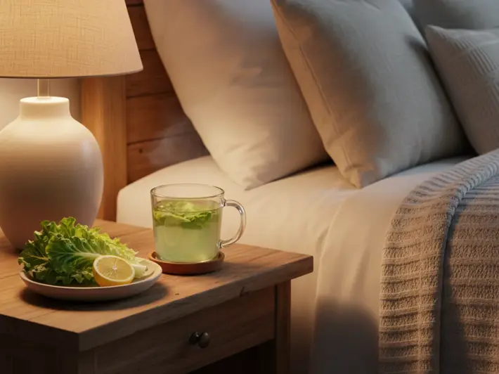 Taza de agua de lechuga tibia sobre un buró junto a la cama en un ambiente nocturno relajante