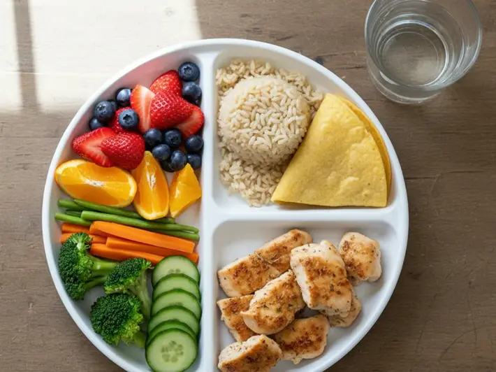 Plato infantil dividido: mitad verduras y fruta, arroz integral y tortilla, pollo horneado y agua simple