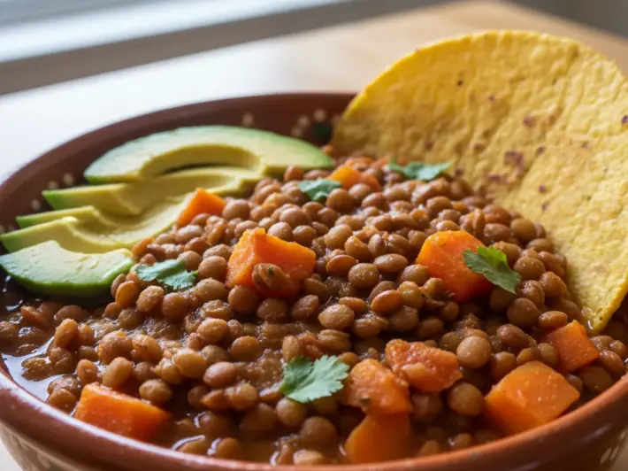 Lentejas guisadas caseras con zanahoria, jitomate y cilantro, servidas con aguacate y tortilla de maíz