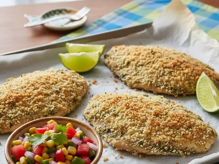 Filetes de pescado empanizados al horno para niños con gajos de limón y pico de gallo suave