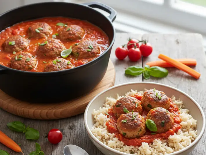 Albóndigas de pollo con verdura escondida en salsa de jitomate natural, servidas sobre arroz integral