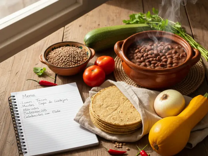 Planeación de menú semanal saludable con verduras de temporada, frijoles de la olla y tortillas de maíz