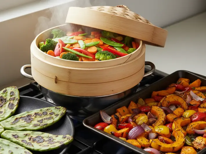 Técnicas de cocción saludable: verduras al vapor, charola de verduras al horno y nopales al comal
