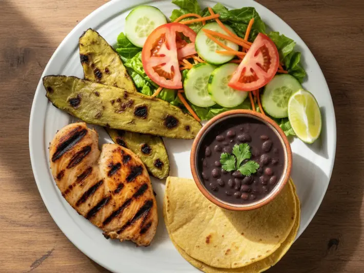 Plato balanceado del día: pollo a la plancha, nopales, frijoles negros, tortillas de maíz y ensalada fresca