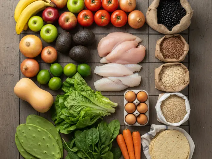 Lista de compras semanal saludable: frutas, verduras, pollo, pescado, huevo, frijoles, lentejas y avena