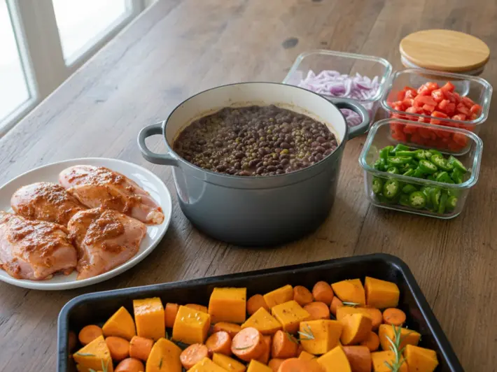 Batch cooking dominical: frijoles y lentejas cocidos, verduras picadas, pollo porcionado y charola al horno