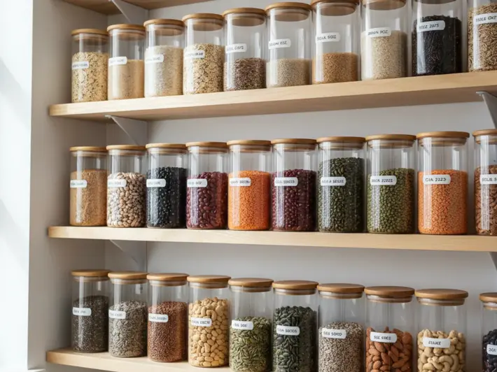 Despensa organizada con frascos de cereales integrales, legumbres y semillas por categorias
