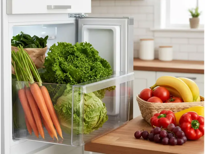 Frutas y verduras frescas conservadas correctamente en el refrigerador y la cocina