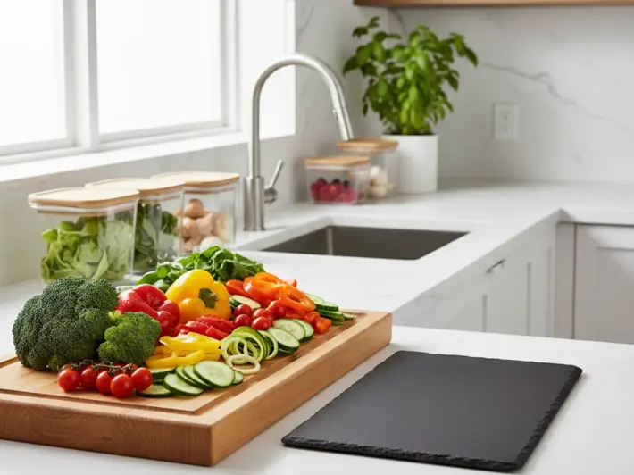 Cocina limpia con tablas separadas y recipientes hermeticos para un almacenamiento seguro de alimentos