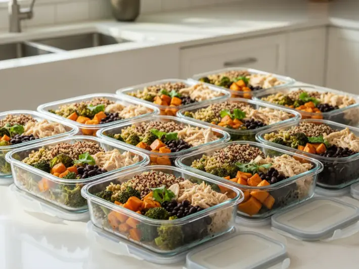 Recipientes de vidrio con comida preparada de la semana: cereales, verduras y legumbres