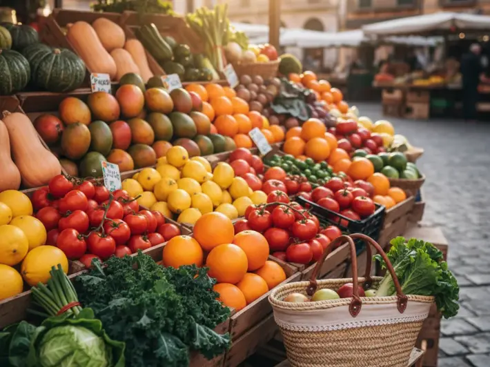 Puesto de mercado con frutas y verduras de temporada para una compra inteligente y saludable