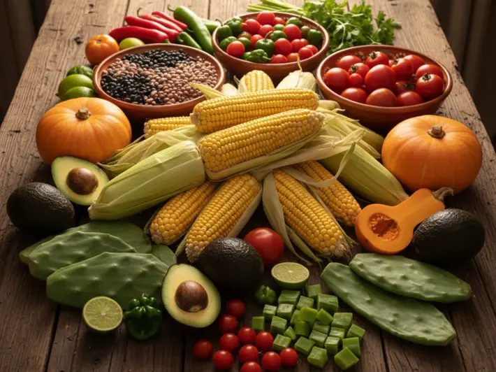 Ingredientes frescos mexicanos: maiz, frijol, chile, jitomate, aguacate y nopales