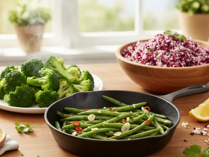 Verduras verdes preparadas de forma apetitosa: brocoli, ejotes, coliflor y betabel