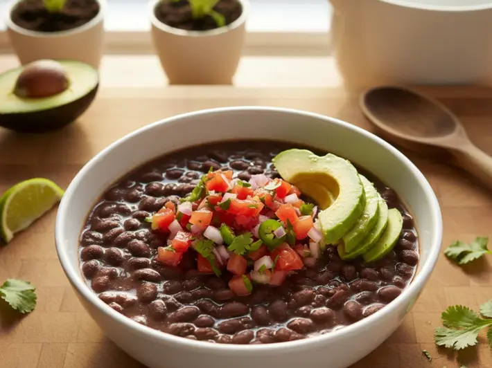 Tazon de frijoles de la olla con pico de gallo y aguacate, receta casera sencilla