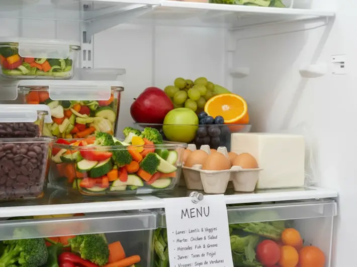 Refrigerador organizado con frijoles cocidos, verduras picadas, fruta fresca, huevo y queso panela