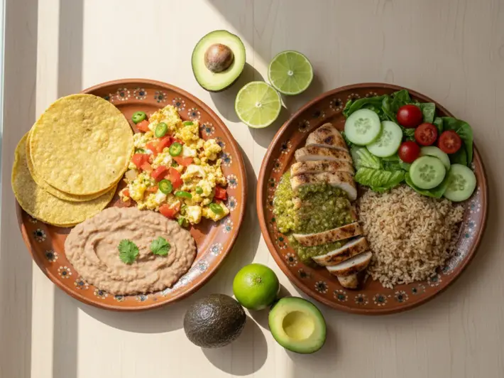 Comida balanceada del lunes: huevos a la mexicana, pollo en salsa verde, arroz integral y ensalada fresca