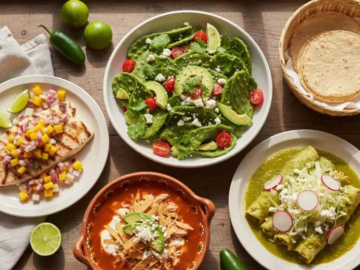 Almuerzos saludables mexicanos: ensalada de nopales, pescado con mango, sopa azteca y enchiladas verdes