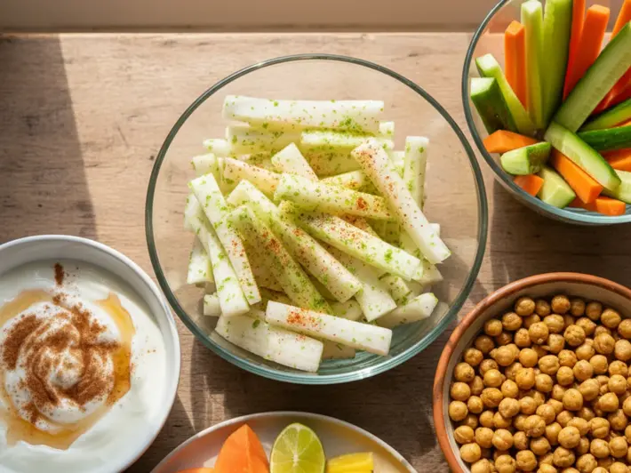 Snacks saludables: jícama con chile y limón, bastones de verdura, garbanzos tostados y fruta fresca