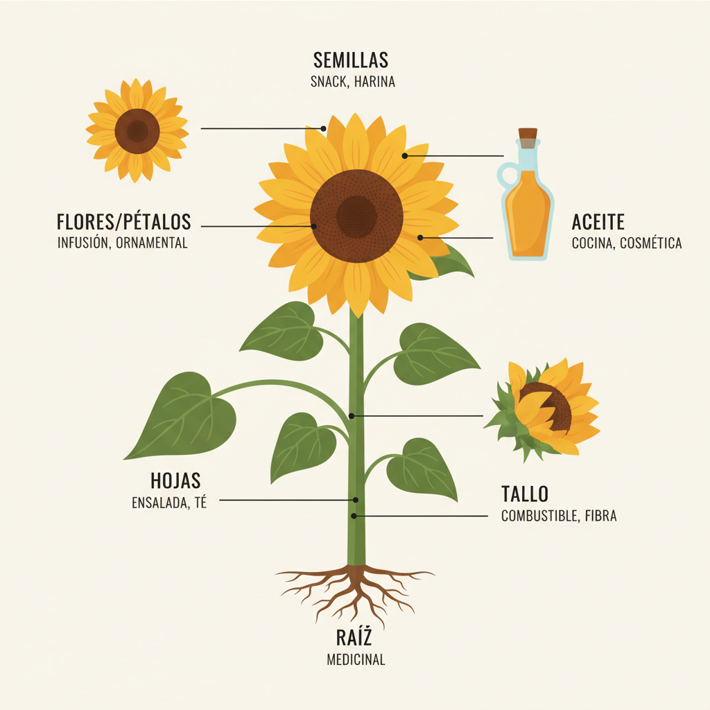 Diagrama en español de las partes del girasol y sus usos medicinales tradicionales