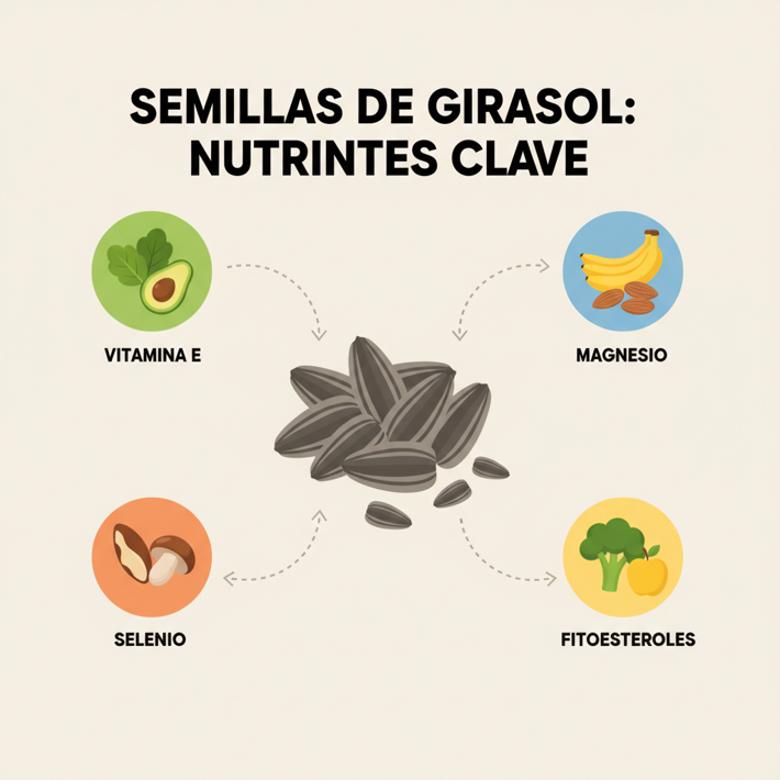 Infografía en español de los nutrientes principales de las semillas de girasol