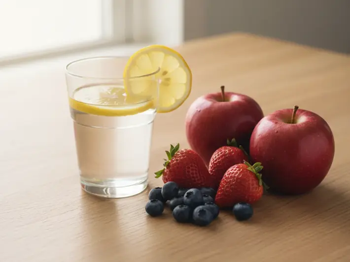 Agua con limon y fruta fresca entera como alternativa natural al azucar libre