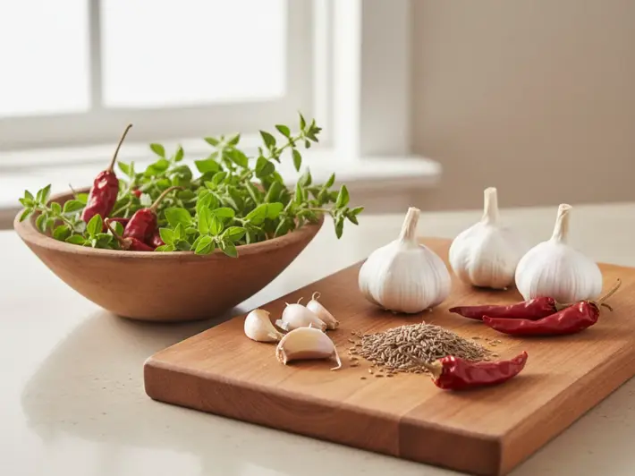 Hierbas frescas y especias naturales para dar sabor a la comida reduciendo la sal