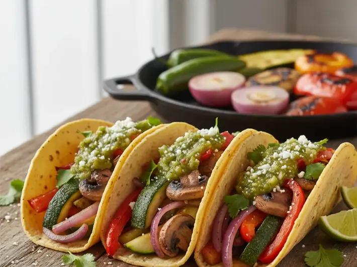 Tacos de verduras asadas con calabacita, pimiento, cebolla y champiñones