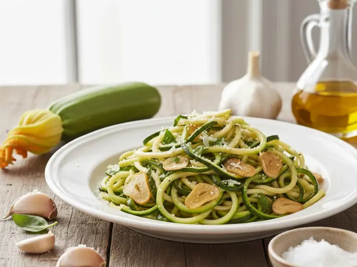 Espagueti de calabacita salteado con ajo y aceite de oliva