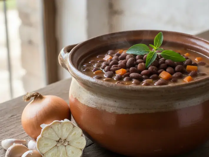 Frijoles de la olla con epazote, zanahoria y verduras en olla de barro