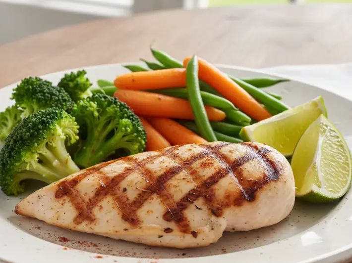 Pechuga de pollo a la plancha con brócoli, zanahoria y ejotes al vapor
