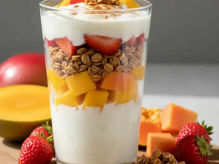 Yogur natural con fruta de temporada y granola casera en capas