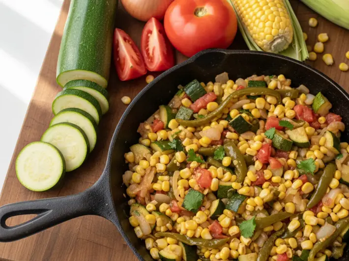 Calabacitas a la mexicana con granos de elote, jitomate y rajas de poblano
