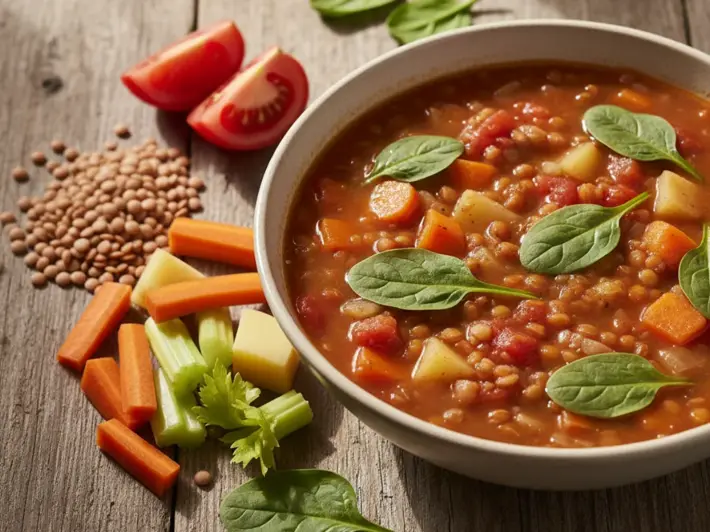 Sopa de lentejas con zanahoria, papa, apio y jitomate