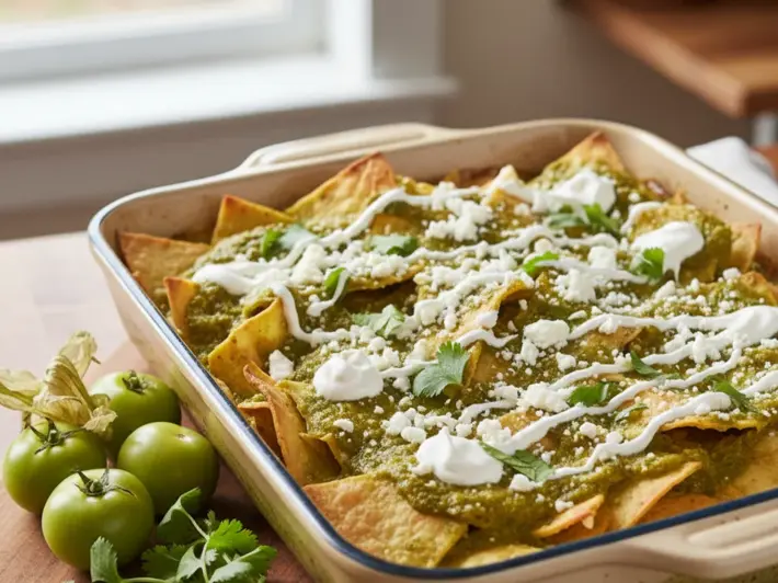 Chilaquiles verdes horneados con salsa de tomate verde, queso fresco y crema