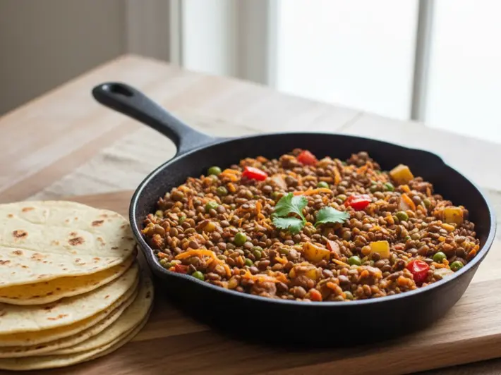Picadillo de lentejas con papa, zanahoria y chícharos, estilo carne molida
