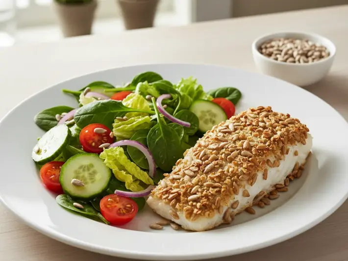 Ensalada y pescado al horno con costra de semillas de girasol para incluirlas en las comidas